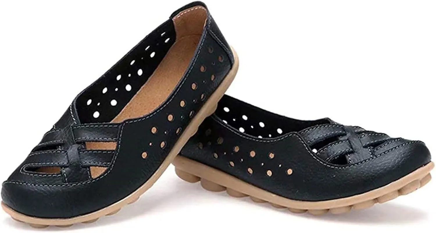 Women's Leather Sandals Loafers Slip-Ons Flats Sandals Casual Walking Cutout Breathable Shoes