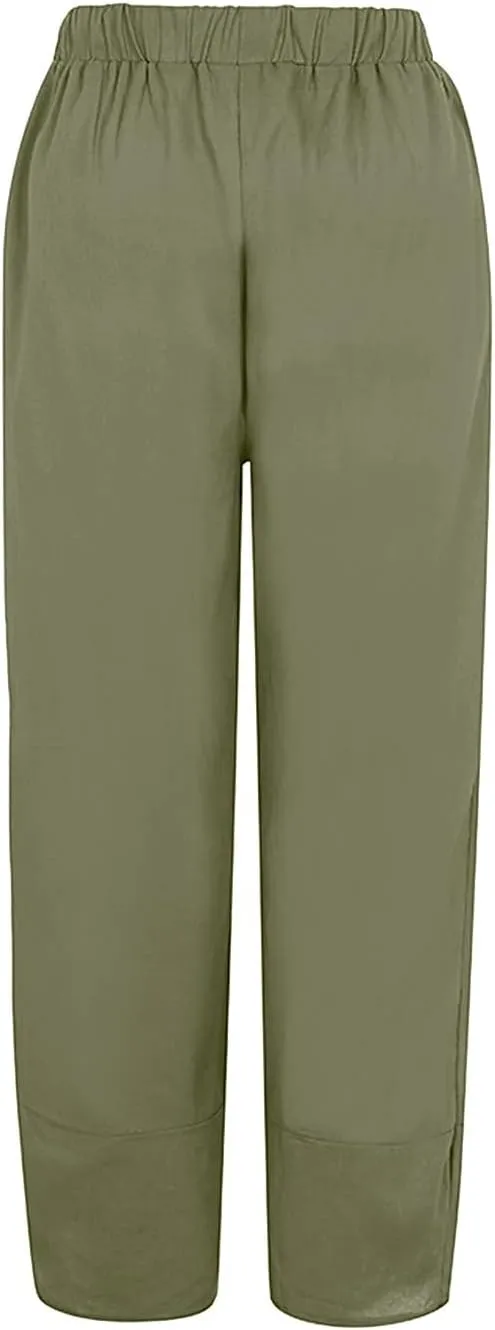 Women's Linen Blend Summer Split Flowy Pant Trousers High Waist Lounge Pants Slim-Fit Pant Trousers Vacation