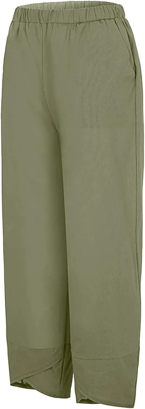Women's Linen Blend Summer Split Flowy Pant Trousers High Waist Lounge Pants Slim-Fit Pant Trousers Vacation