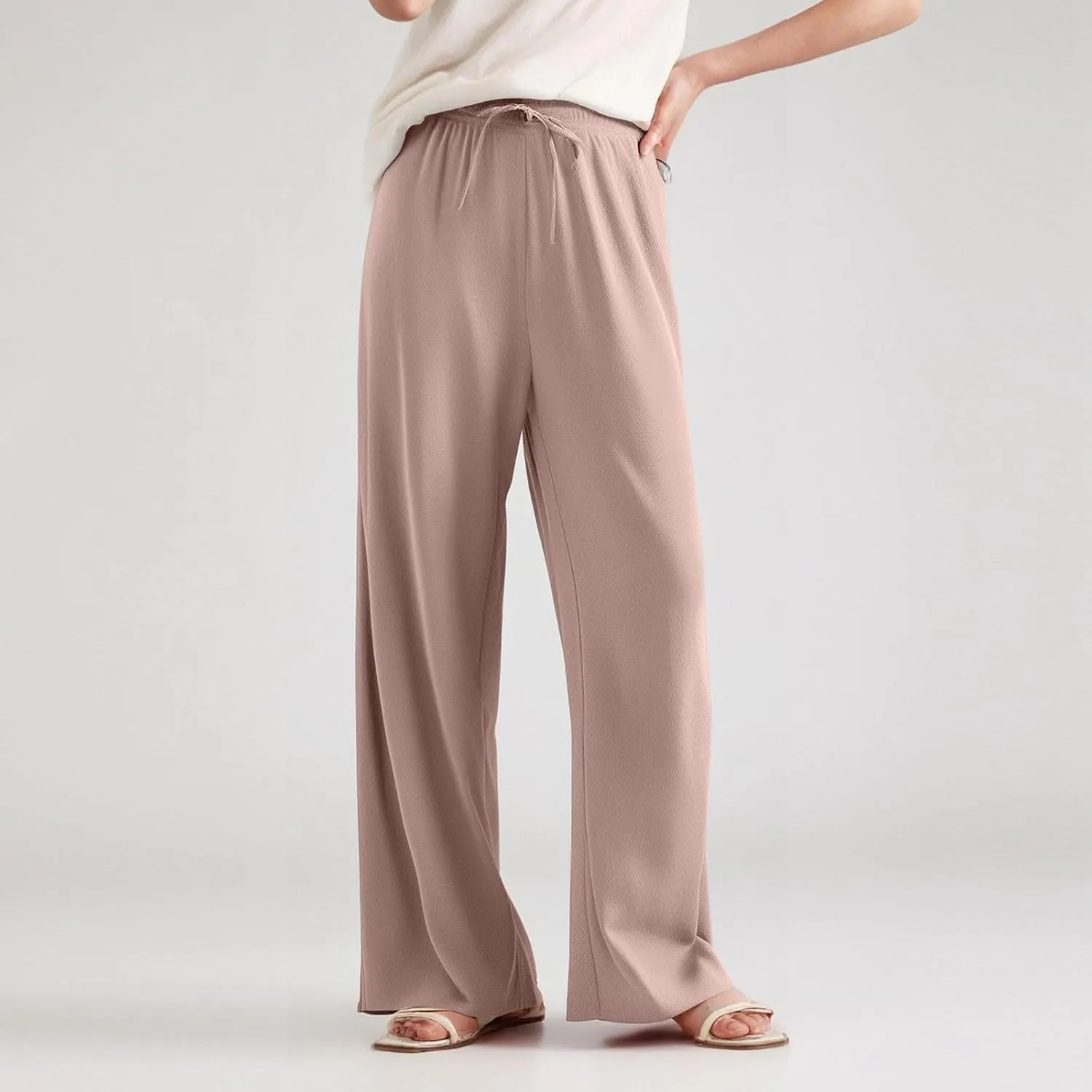 Women's Pants Casual Long Wide Leg High Waisted Trousers Loose Fit Drawstring Pleated Pull On Vacation Trousers
