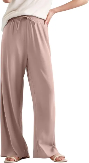 Women's Pants Casual Long Wide Leg High Waisted Trousers Loose Fit Drawstring Pleated Pull On Vacation Trousers