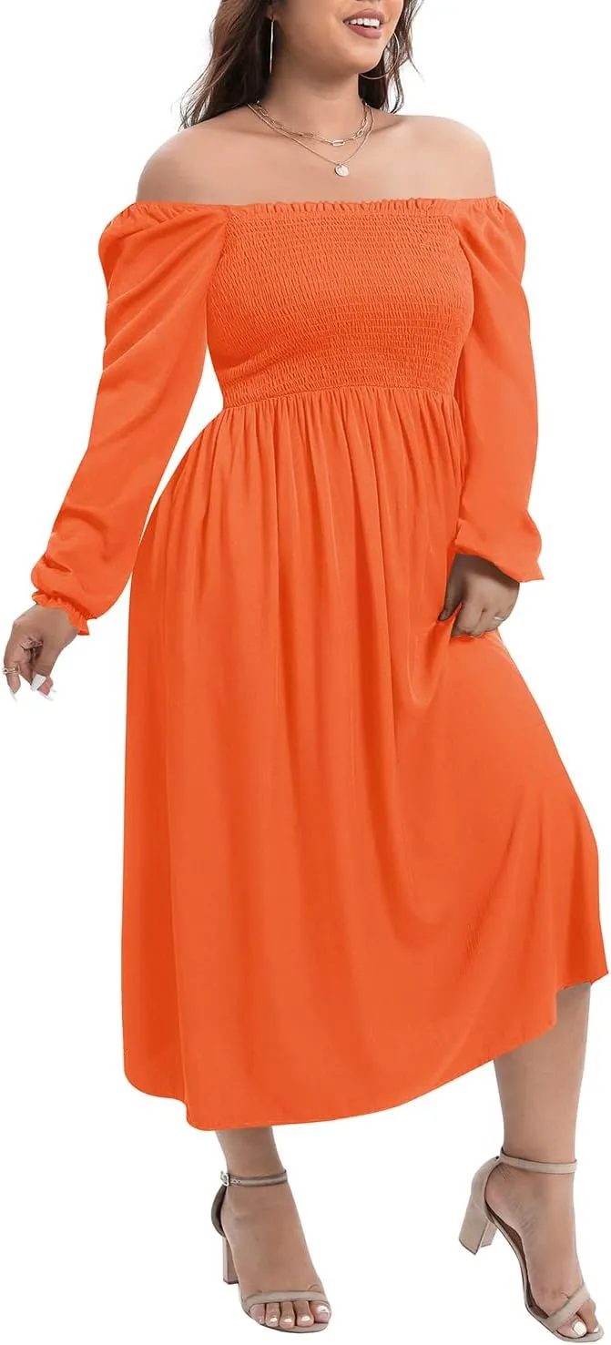 Women's Plus Size Boho Floral Print Balloon Long Sleeve Square Neck Long Midi Dress with Pockets