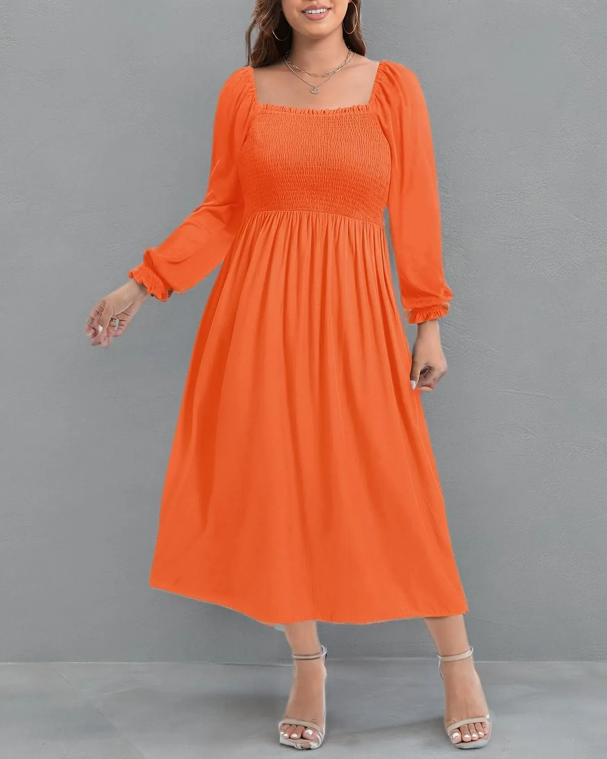 Women's Plus Size Boho Floral Print Balloon Long Sleeve Square Neck Long Midi Dress with Pockets