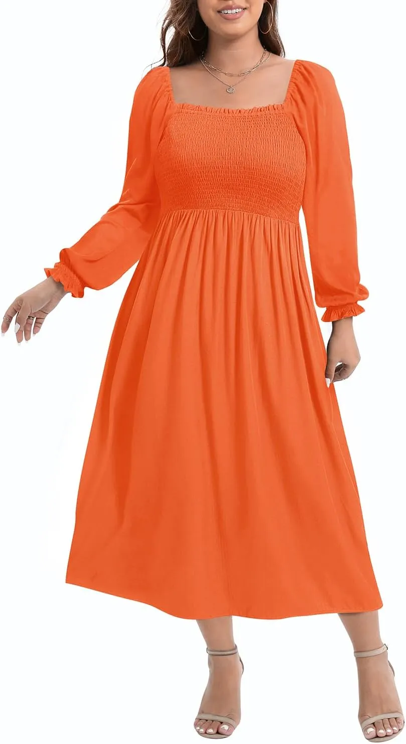 Women's Plus Size Boho Floral Print Balloon Long Sleeve Square Neck Long Midi Dress with Pockets