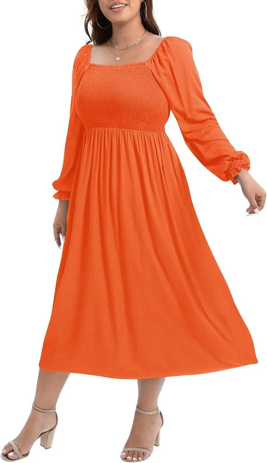 Women's Plus Size Boho Floral Print Balloon Long Sleeve Square Neck Long Midi Dress with Pockets