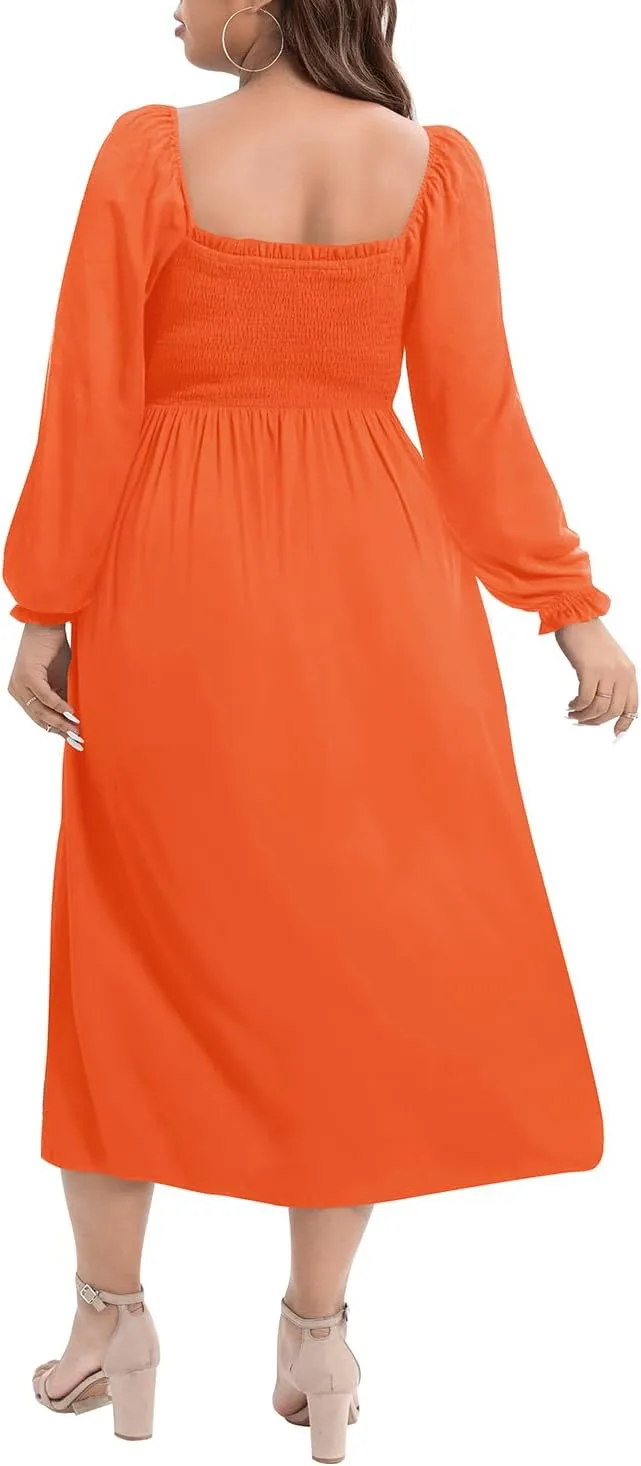 Women's Plus Size Boho Floral Print Balloon Long Sleeve Square Neck Long Midi Dress with Pockets