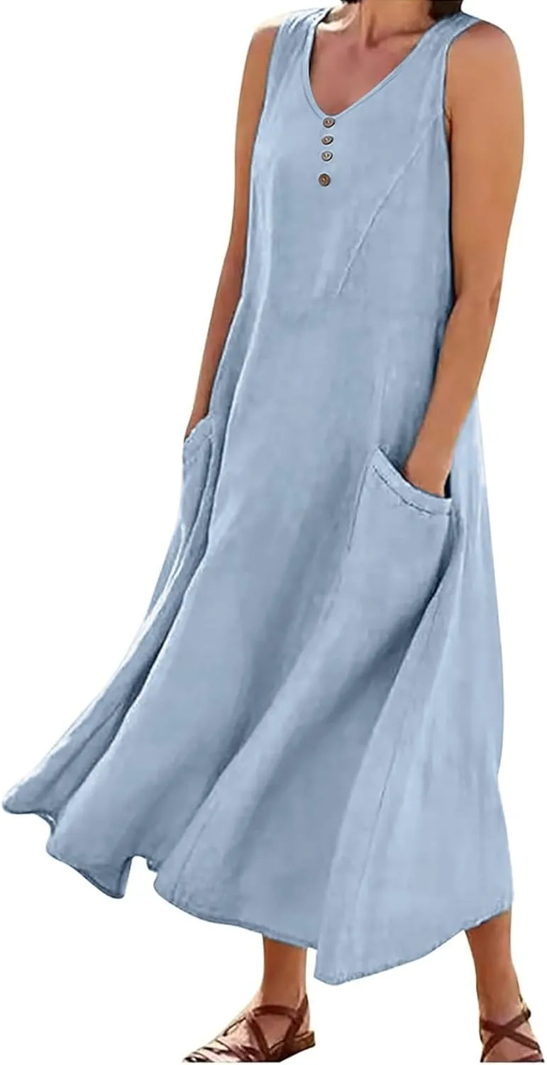Women's Plus Size Summer Floral Dresses 2025 Trendy Sleeveless Dresses Casual Baggy Flowy Maxi Sun Dresses Pocket