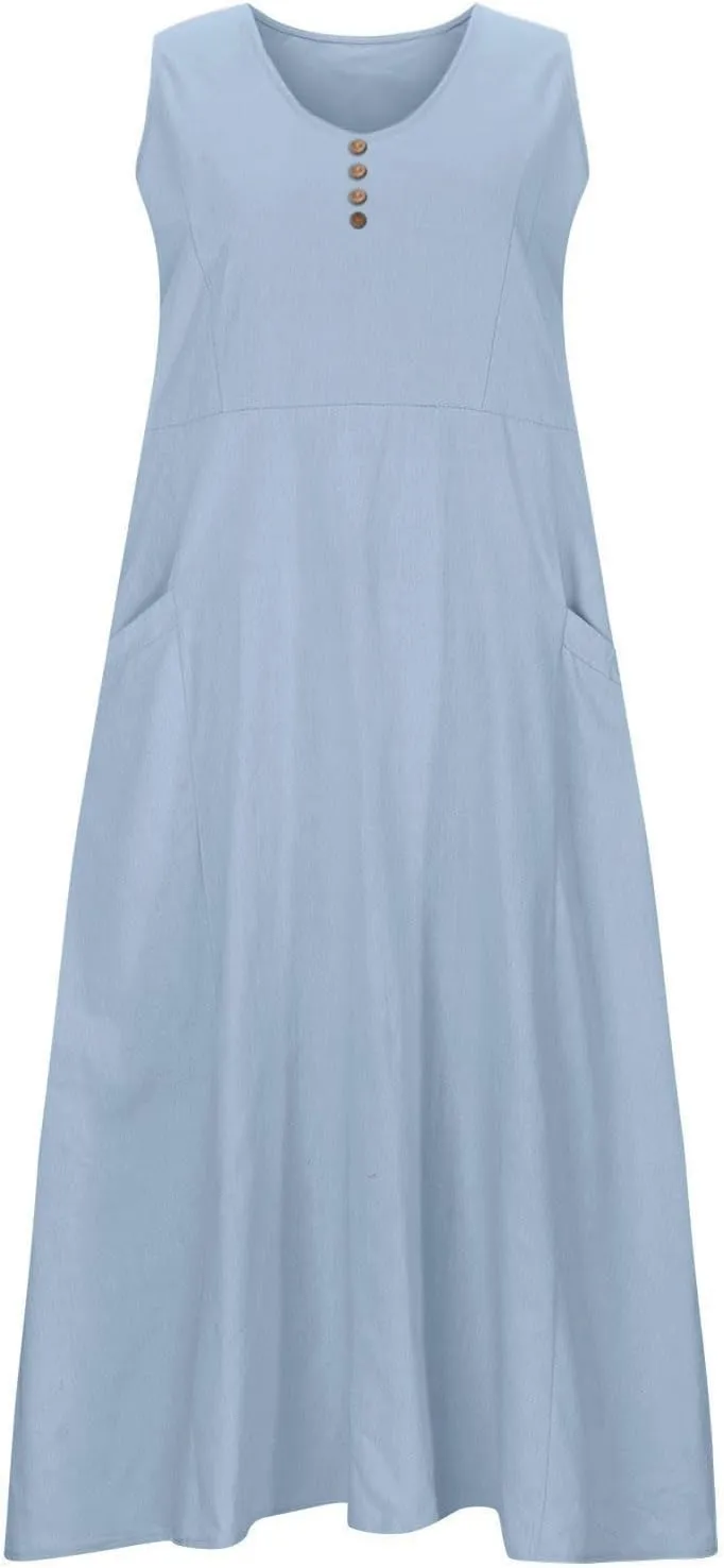 Women's Plus Size Summer Floral Dresses 2025 Trendy Sleeveless Dresses Casual Baggy Flowy Maxi Sun Dresses Pocket