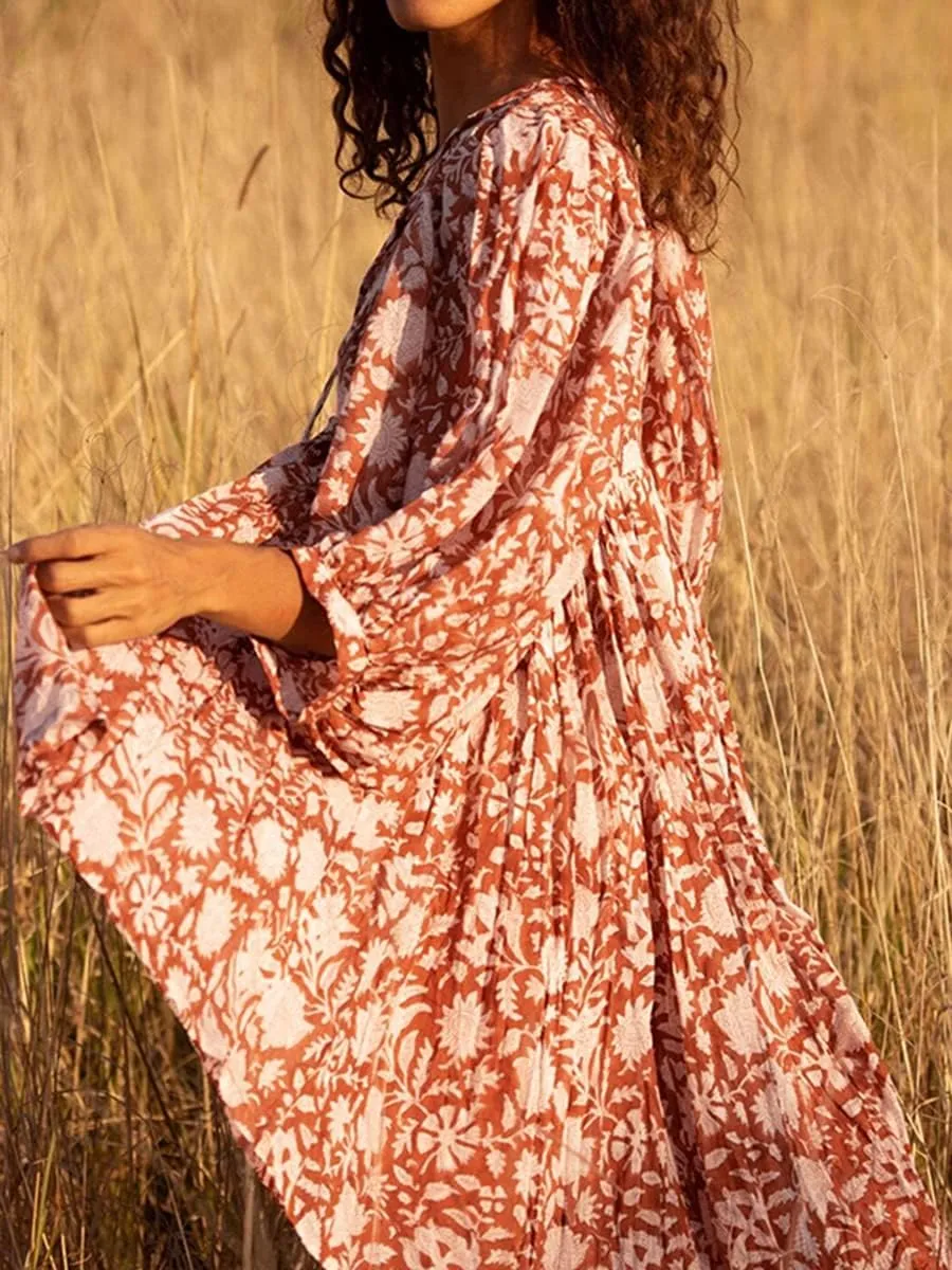 Womens Puff Sleeve Floral Print Dress V Neck 3/4 Half Sleeve Ruffle Floral Flowy Boho Babydoll Mini Beach Dress