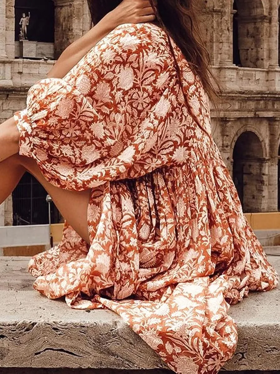 Womens Puff Sleeve Floral Print Dress V Neck 3/4 Half Sleeve Ruffle Floral Flowy Boho Babydoll Mini Beach Dress