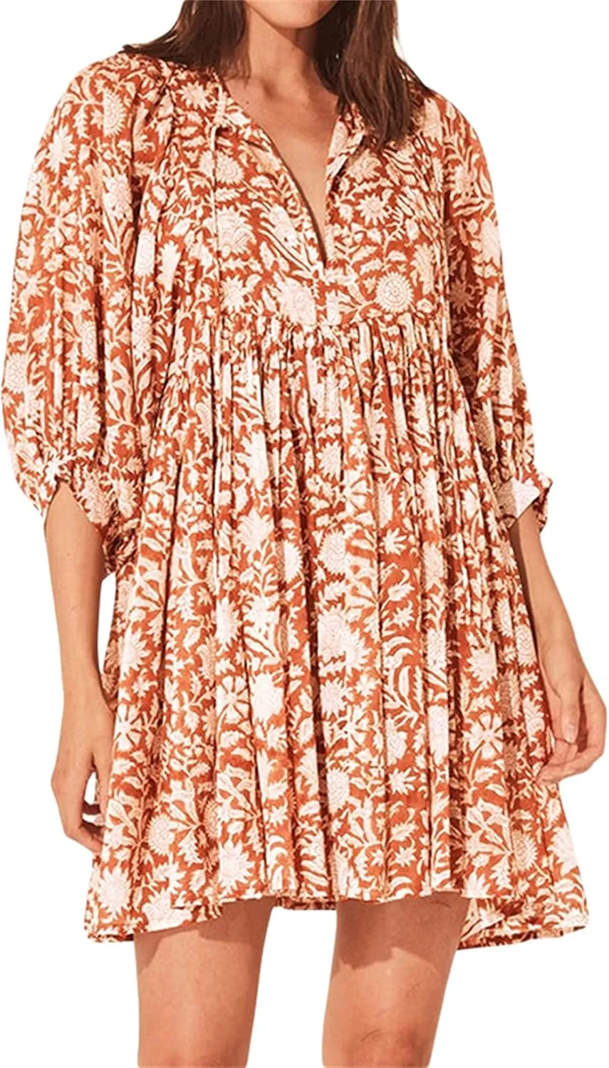 Womens Puff Sleeve Floral Print Dress V Neck 3/4 Half Sleeve Ruffle Floral Flowy Boho Babydoll Mini Beach Dress