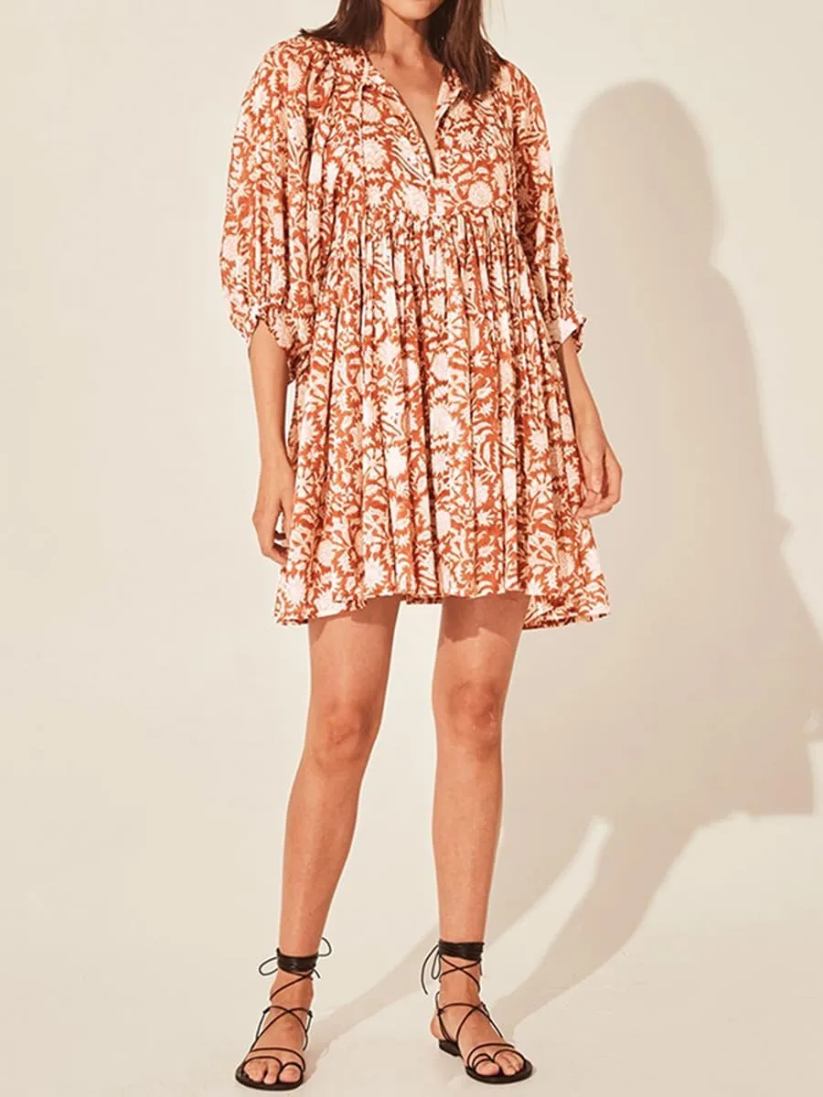 Womens Puff Sleeve Floral Print Dress V Neck 3/4 Half Sleeve Ruffle Floral Flowy Boho Babydoll Mini Beach Dress