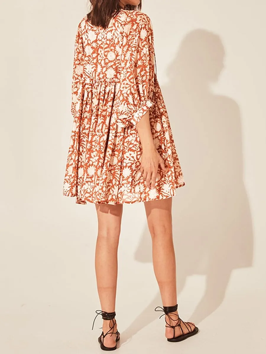 Womens Puff Sleeve Floral Print Dress V Neck 3/4 Half Sleeve Ruffle Floral Flowy Boho Babydoll Mini Beach Dress