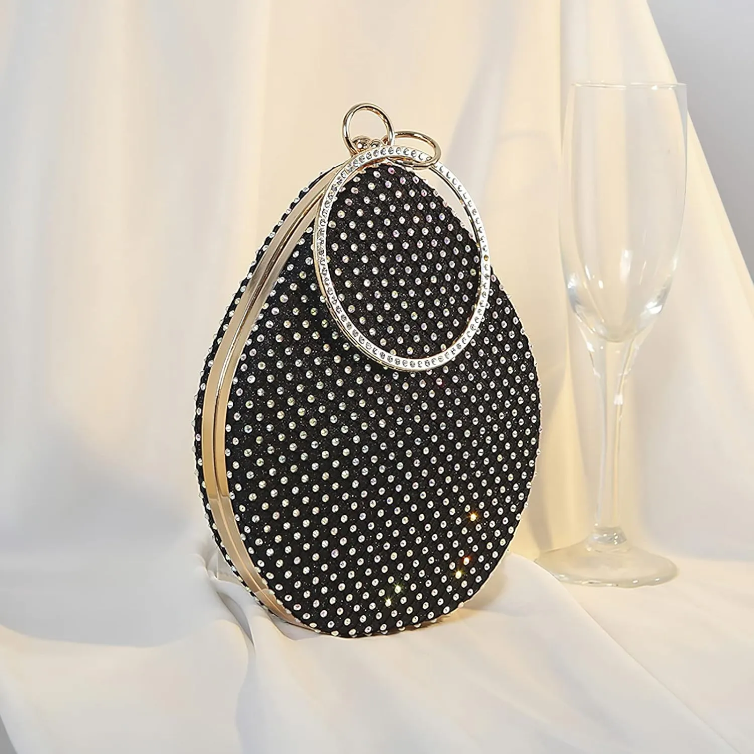 Women's Small Teardrop Shaped Rhinestone Clutch Purse Sparkly Evening Bag with Circle Handle for Weddings Party Proms