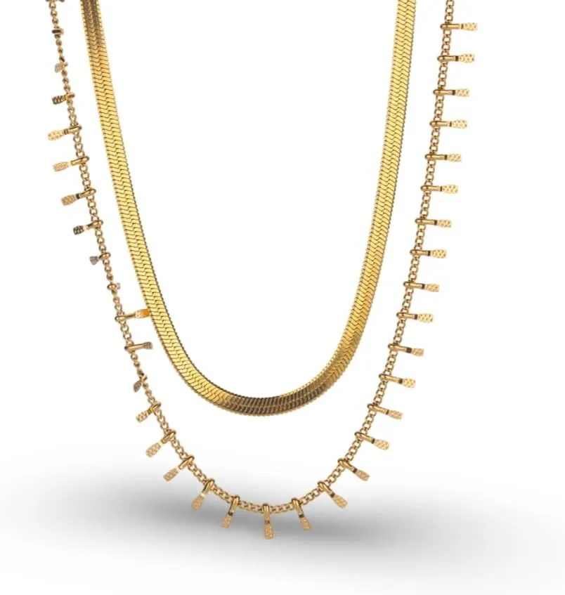 Women's Stainless Steel Layered Necklace, Gold Color, Snake Chain & Dainty Chain with Bar Charms, Minimalist Aesthetic Choker