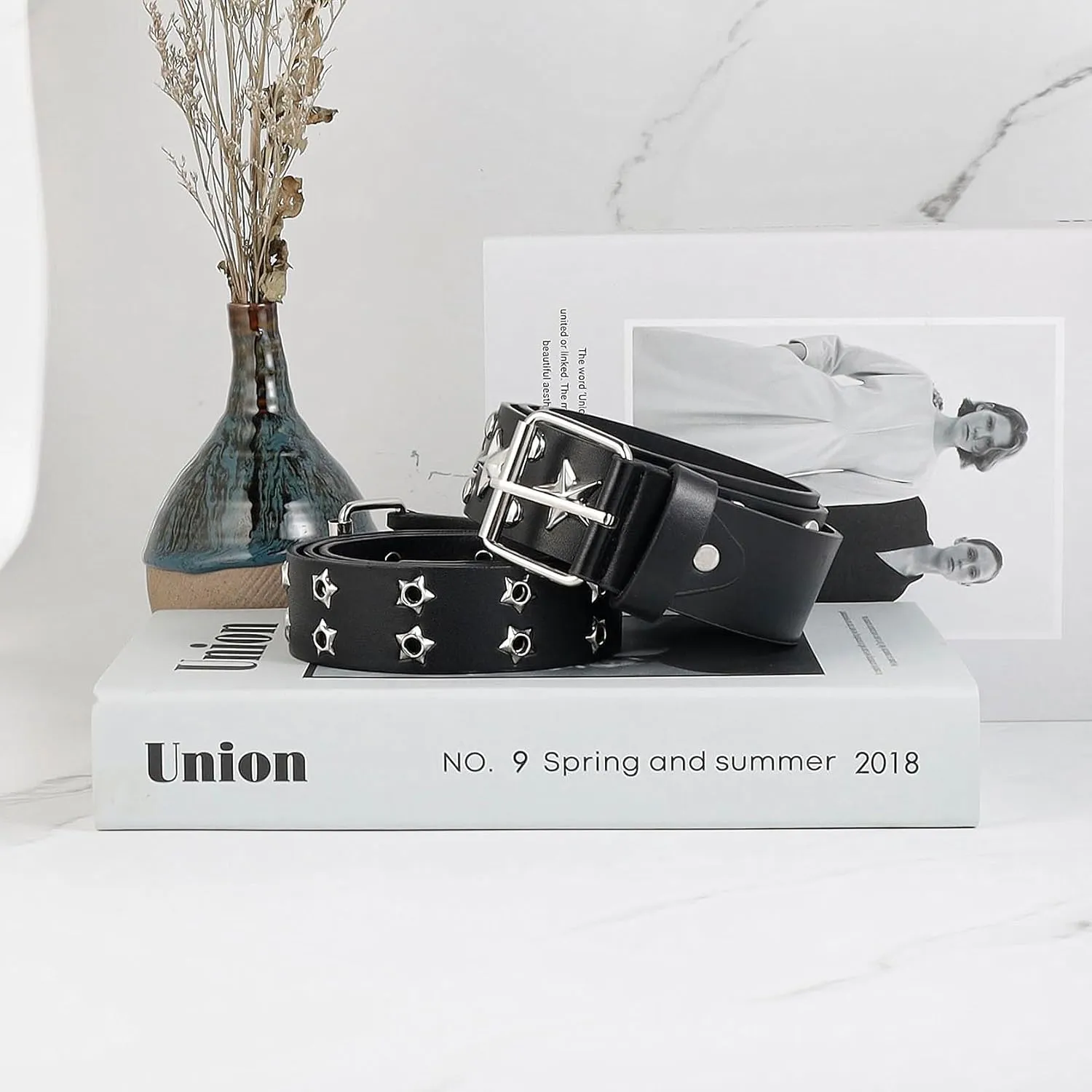 Womens Studded Leather Belt with Detachable Chain Punk Belt Chain Grommet Waist Belts for Jeans Pants