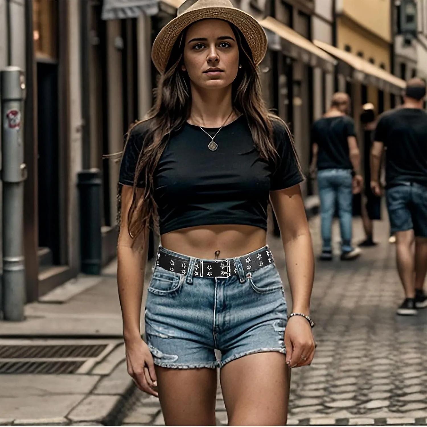 Womens Studded Leather Belt with Detachable Chain Punk Belt Chain Grommet Waist Belts for Jeans Pants