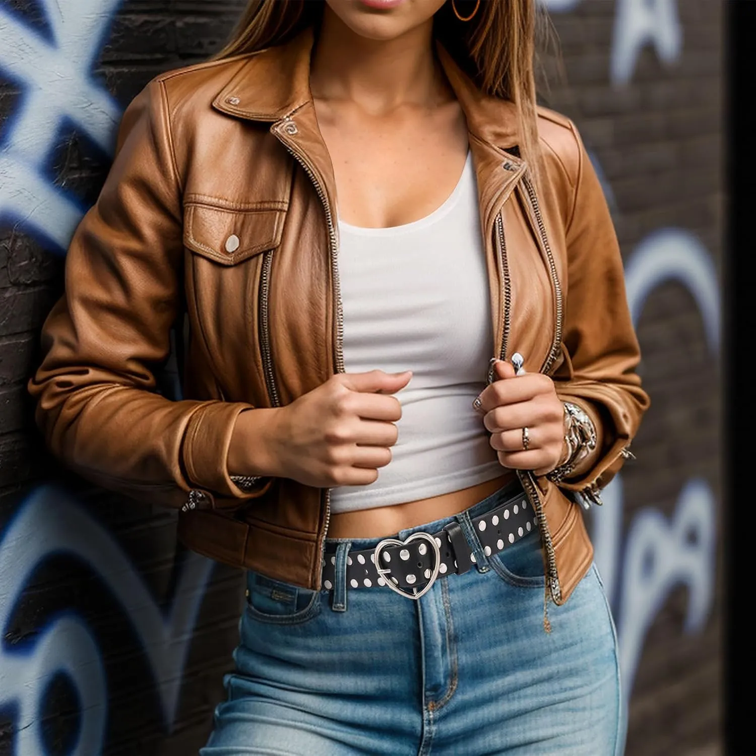 Womens Studded Leather Belt with Detachable Chain Punk Belt Chain Grommet Waist Belts for Jeans Pants
