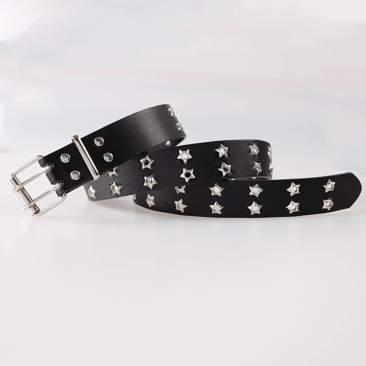 Womens Studded Leather Belt with Detachable Chain Punk Belt Chain Grommet Waist Belts for Jeans Pants