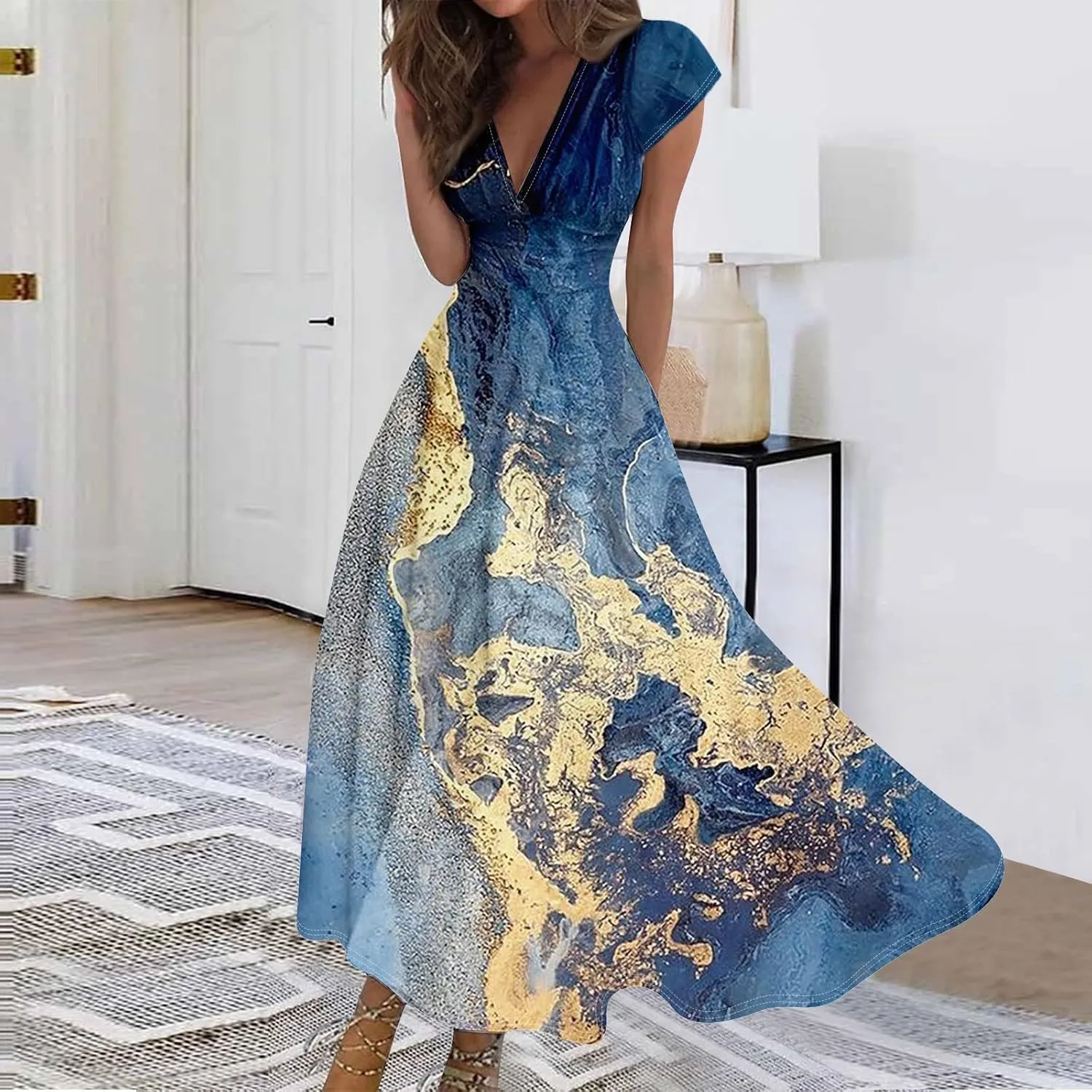 Womens Summer Dresses Wrap V Neck Floral Print Boho Dress Flowy Ruched Sleeveless Maxi Dress High Waist Sundress