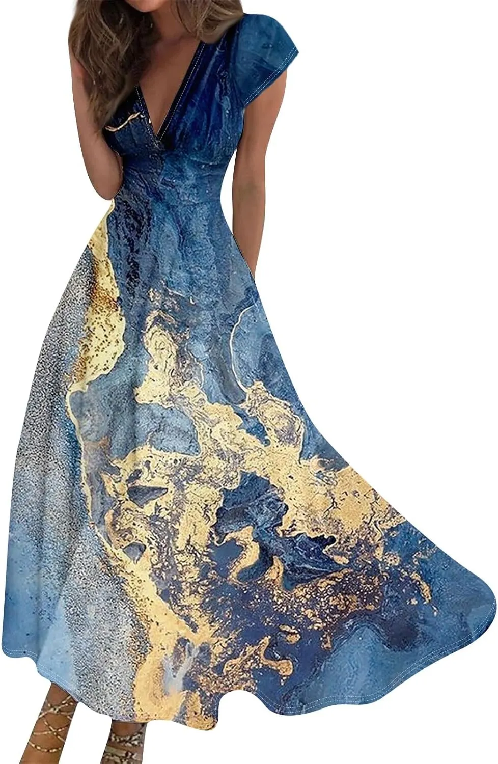 Womens Summer Dresses Wrap V Neck Floral Print Boho Dress Flowy Ruched Sleeveless Maxi Dress High Waist Sundress