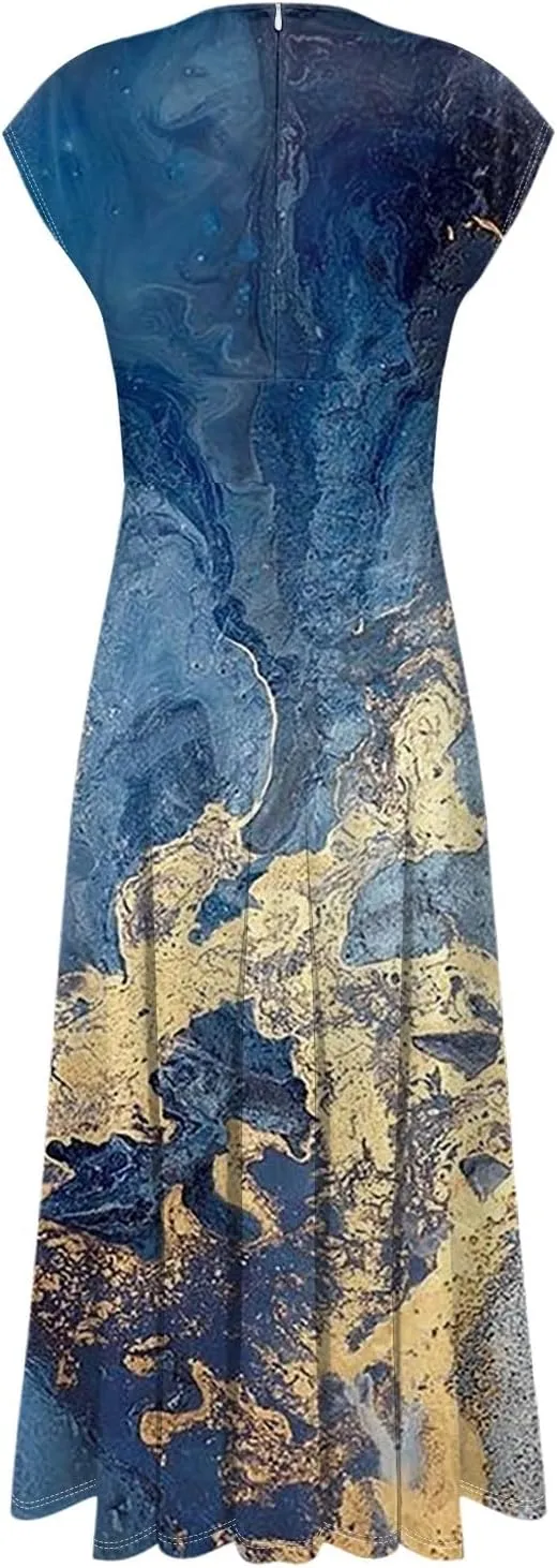 Womens Summer Dresses Wrap V Neck Floral Print Boho Dress Flowy Ruched Sleeveless Maxi Dress High Waist Sundress
