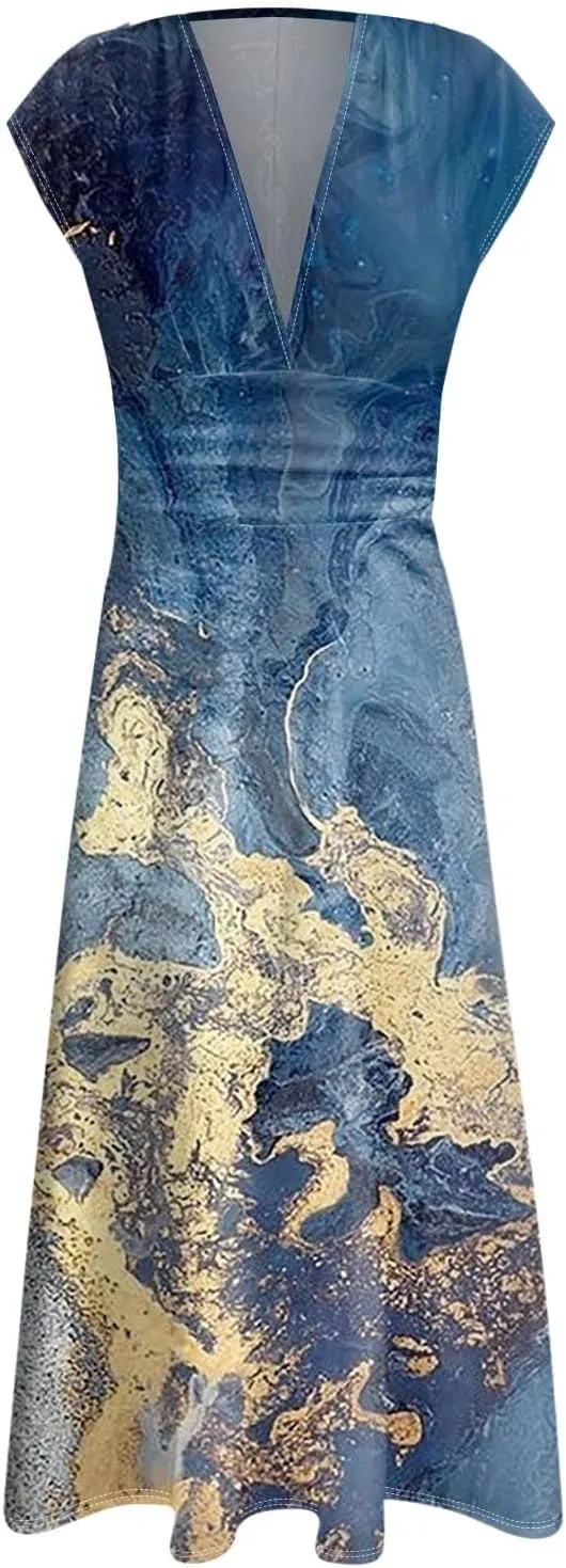 Womens Summer Dresses Wrap V Neck Floral Print Boho Dress Flowy Ruched Sleeveless Maxi Dress High Waist Sundress