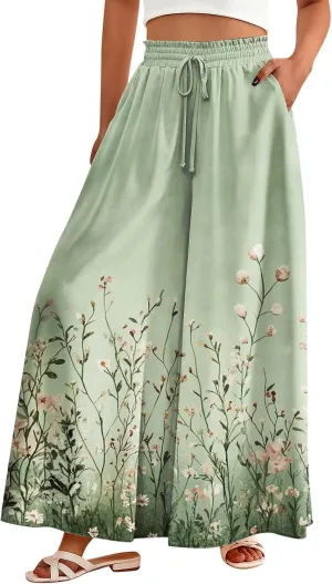 Womens Summer Pants Baggy Fashion 2025 Boho Plus Size Bohemian Print Palazzo Wide Leg Trousers
