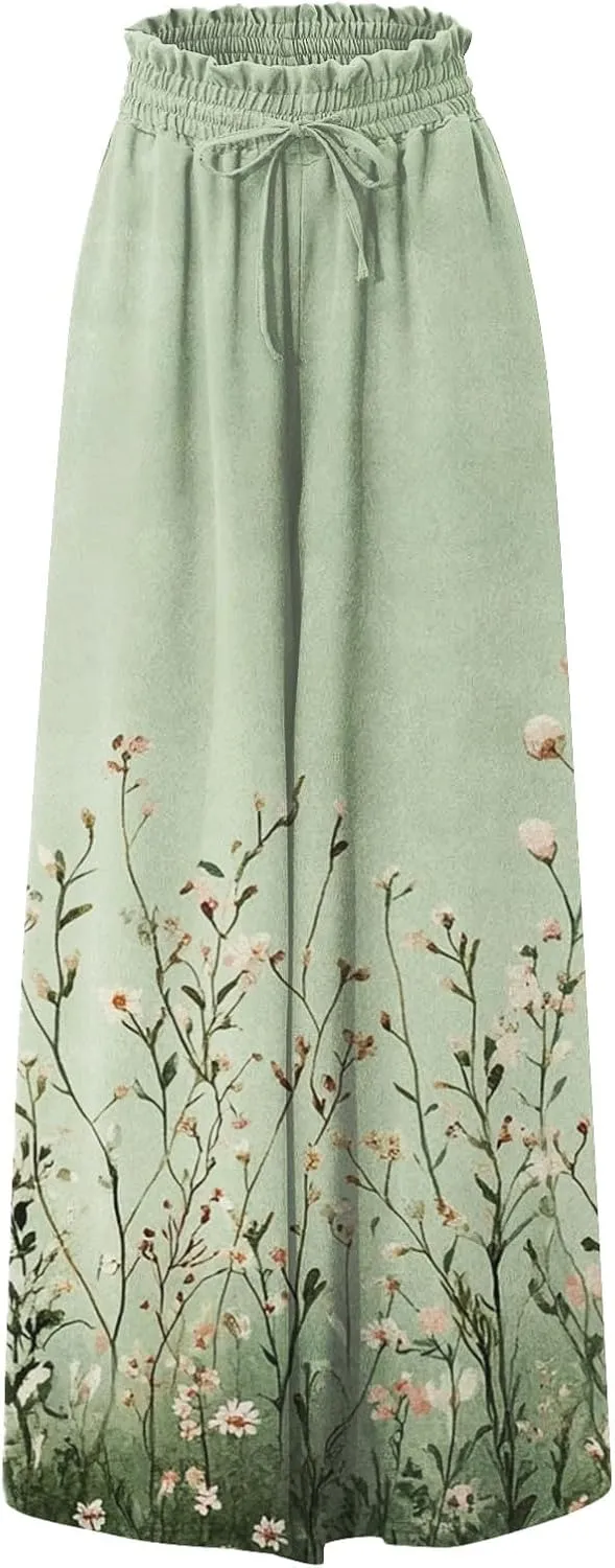 Womens Summer Pants Baggy Fashion 2025 Boho Plus Size Bohemian Print Palazzo Wide Leg Trousers