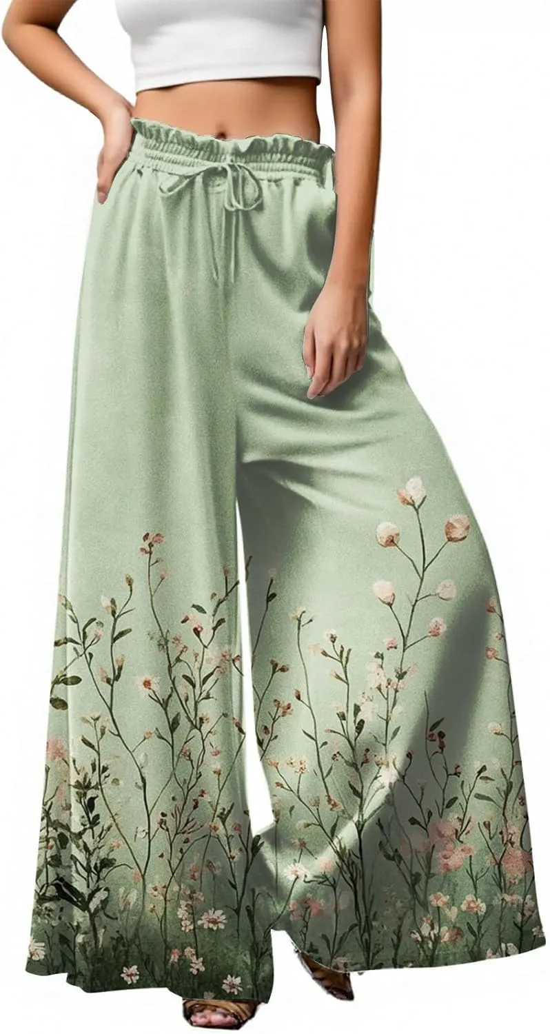 Womens Summer Pants Baggy Fashion 2025 Boho Plus Size Bohemian Print Palazzo Wide Leg Trousers