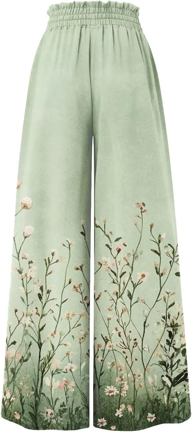 Womens Summer Pants Baggy Fashion 2025 Boho Plus Size Bohemian Print Palazzo Wide Leg Trousers