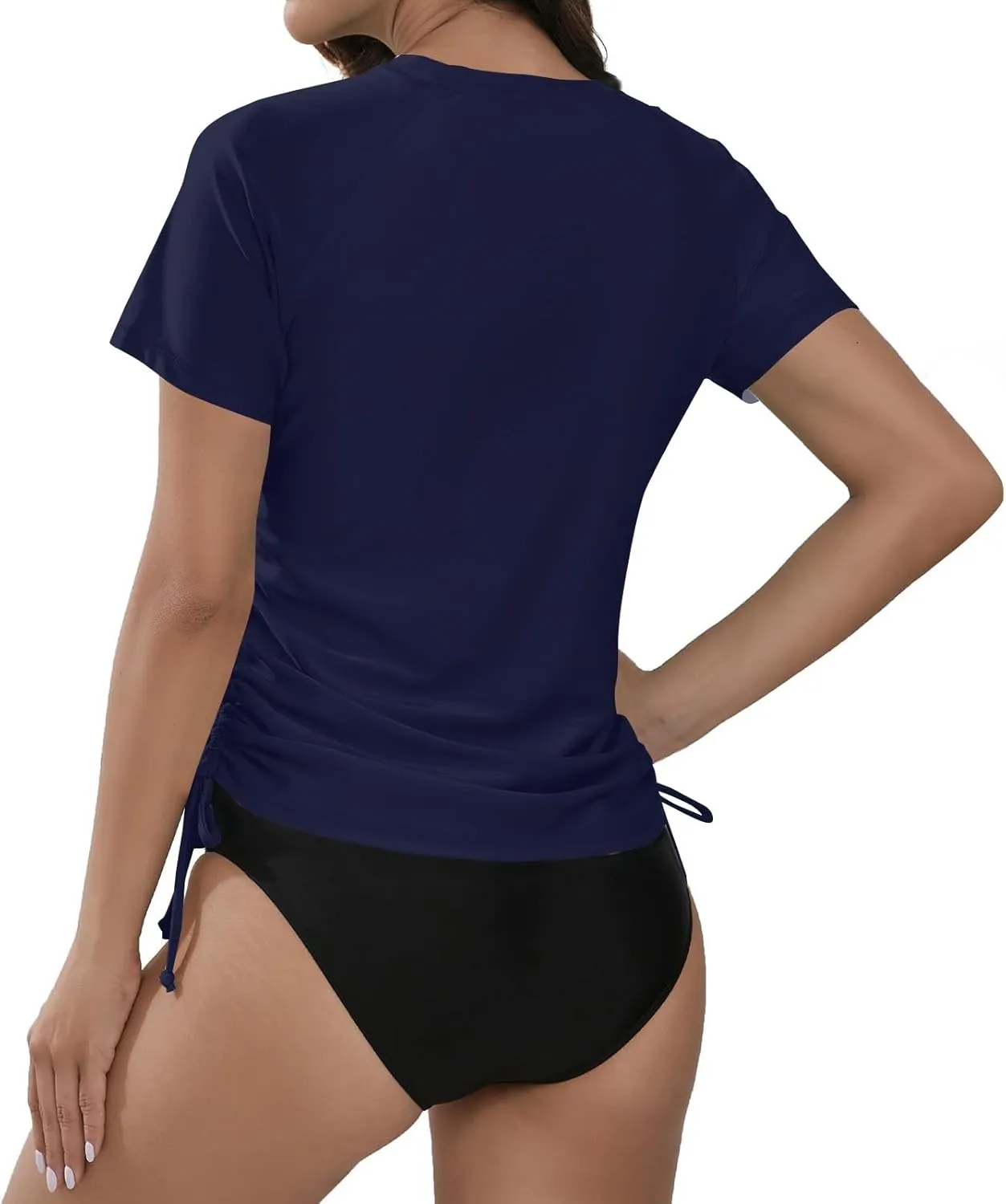 Women's Summer Solid Color Crew Neck Short-Sleeved Sun Swimsuit Lightweight Adjustable Lace-up Swimsuit Blouse 2025