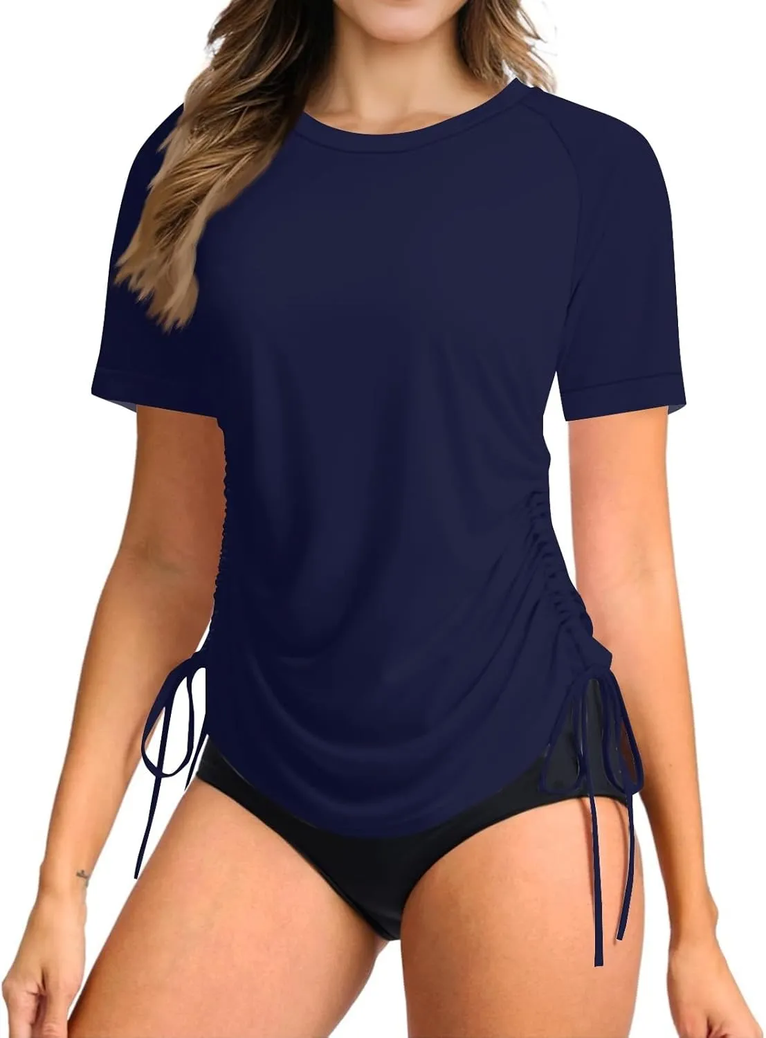 Women's Summer Solid Color Crew Neck Short-Sleeved Sun Swimsuit Lightweight Adjustable Lace-up Swimsuit Blouse 2025