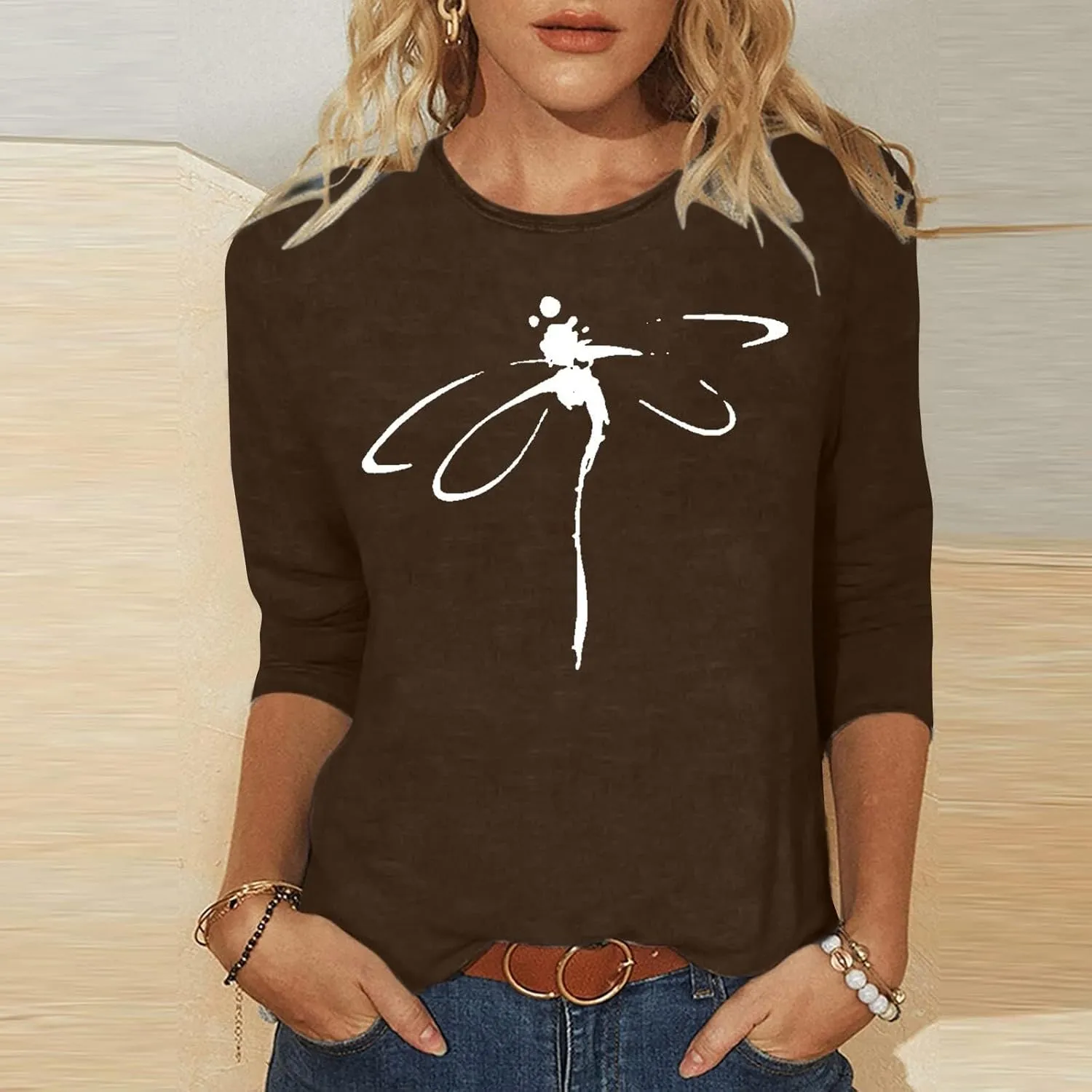 Womens Summer Tops Fashion Daisy Print Daily Shirts 3/4 Sleeve Casual Boat Neck Cute Tops Fashion Loose Fit T-Shirts