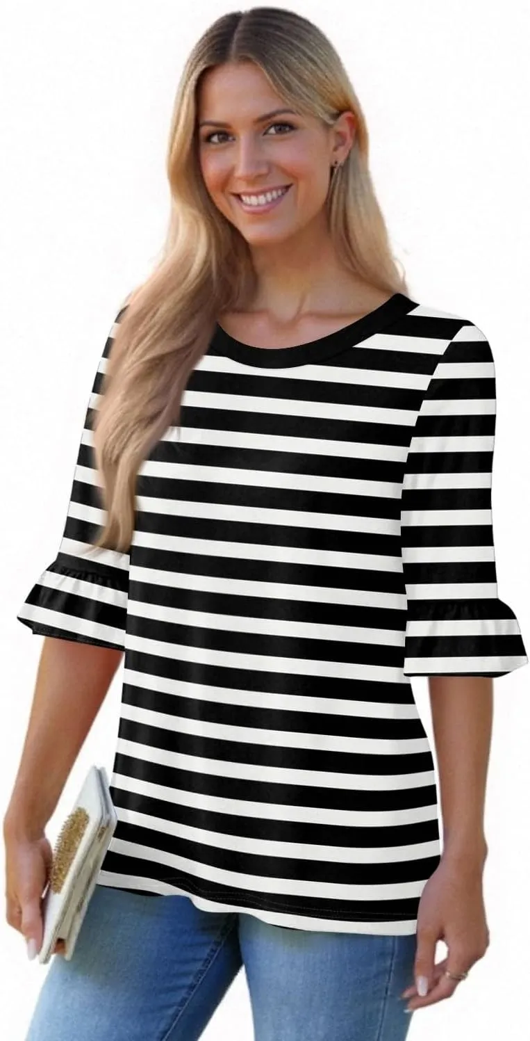 Womens Summer Tops Trendy 3/4 Sleeve Shirts Casual Crew Neck Ruffle Sleeve T Shirts Boho Beach Vacation Blouses