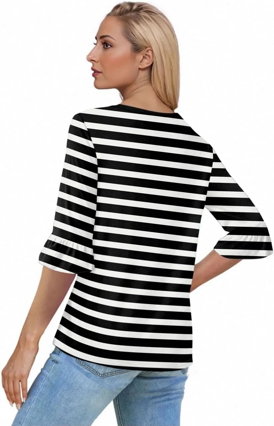 Womens Summer Tops Trendy 3/4 Sleeve Shirts Casual Crew Neck Ruffle Sleeve T Shirts Boho Beach Vacation Blouses