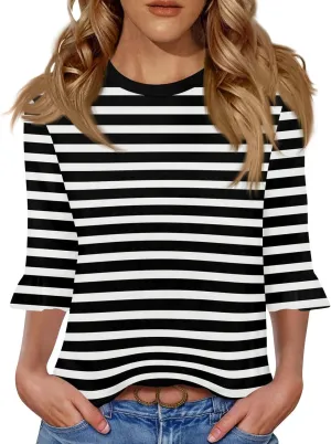 Womens Summer Tops Trendy 3/4 Sleeve Shirts Casual Crew Neck Ruffle Sleeve T Shirts Boho Beach Vacation Blouses
