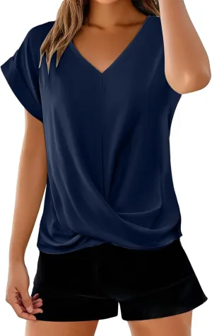 Womens V Neck Summer Tops 2025 Casual Twist Front Blouses Short Sleeve Tshirts Loose Fit Tunic Tops Basic Tee Shirts