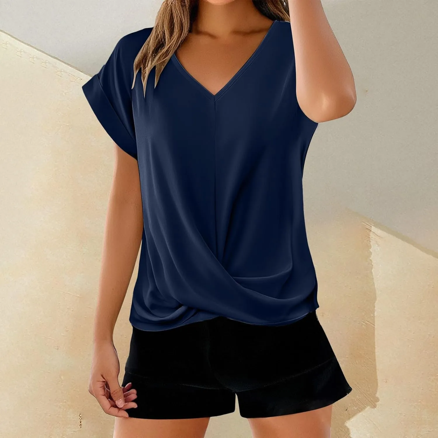 Womens V Neck Summer Tops 2025 Casual Twist Front Blouses Short Sleeve Tshirts Loose Fit Tunic Tops Basic Tee Shirts