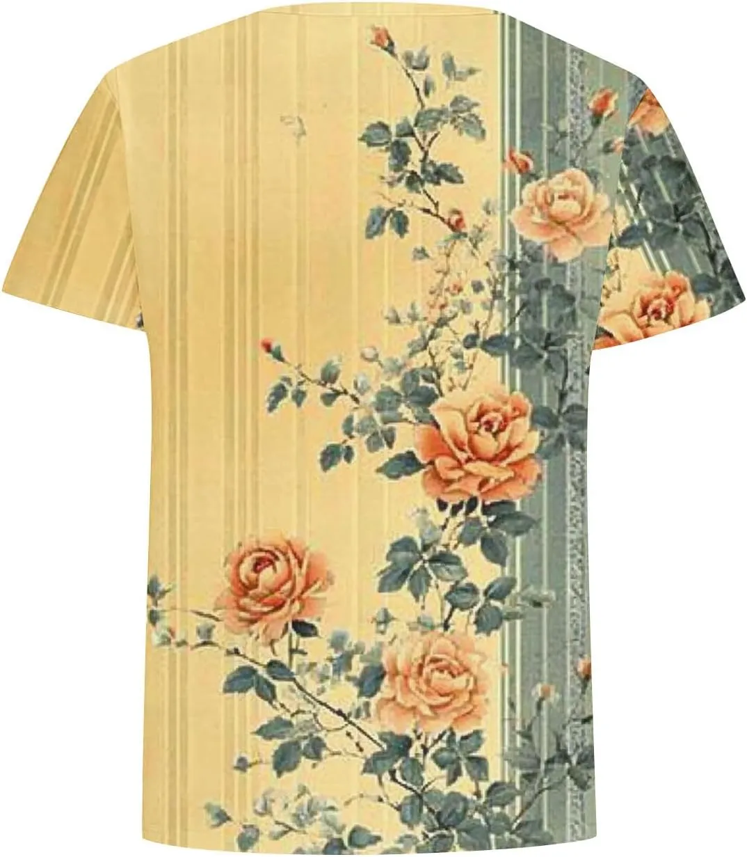 Women's Vintage Floral Tee Shirts 2025 Summer Tops Crewneck Short Sleeve T Shirts Dressy Casual Tunics Cute Blouses