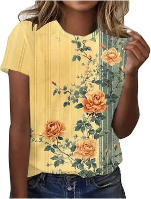 Women's Vintage Floral Tee Shirts 2025 Summer Tops Crewneck Short Sleeve T Shirts Dressy Casual Tunics Cute Blouses