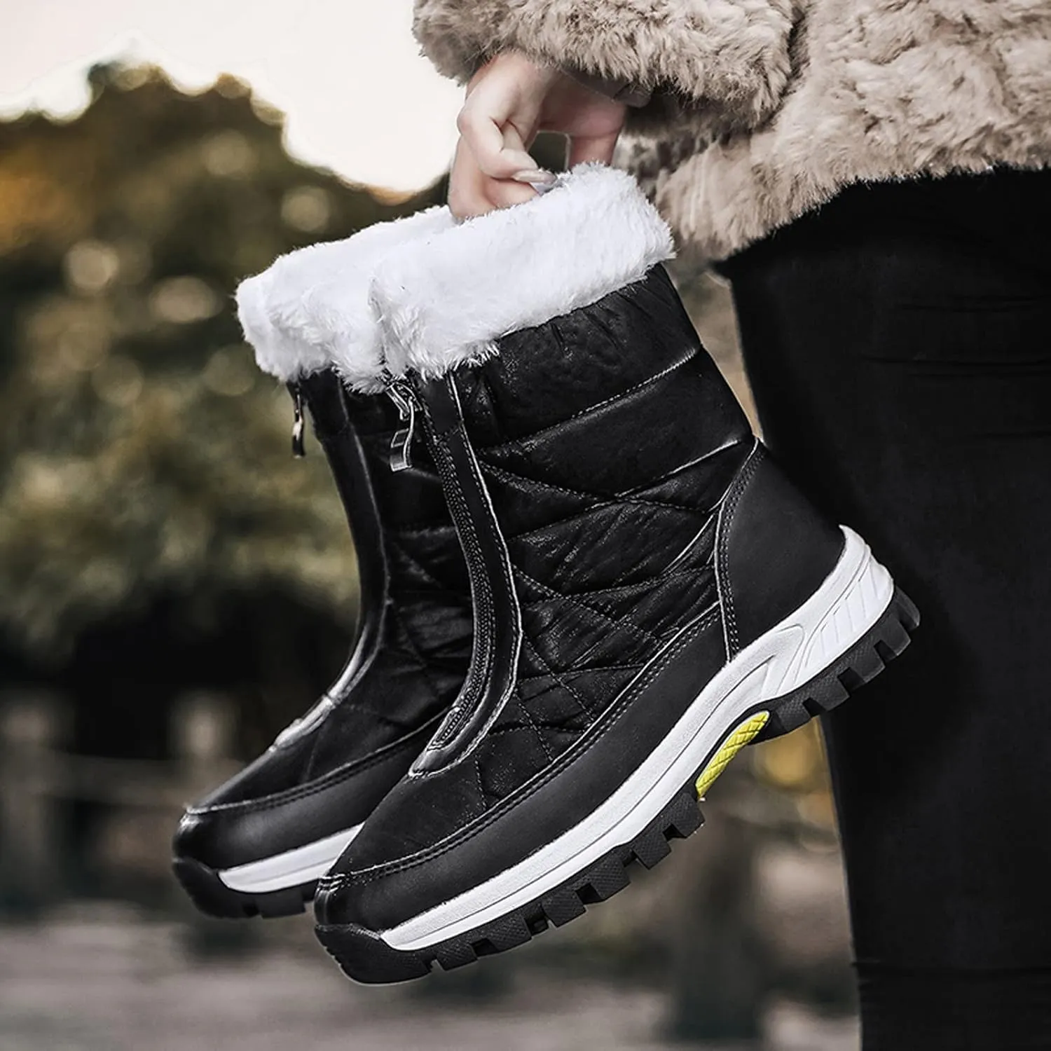 Womens Winter Snow Boots Ankle Snow Booties Warm Fur Lined Winter Boots Anti Slip Lug Sole Waterproof Hiking Boots