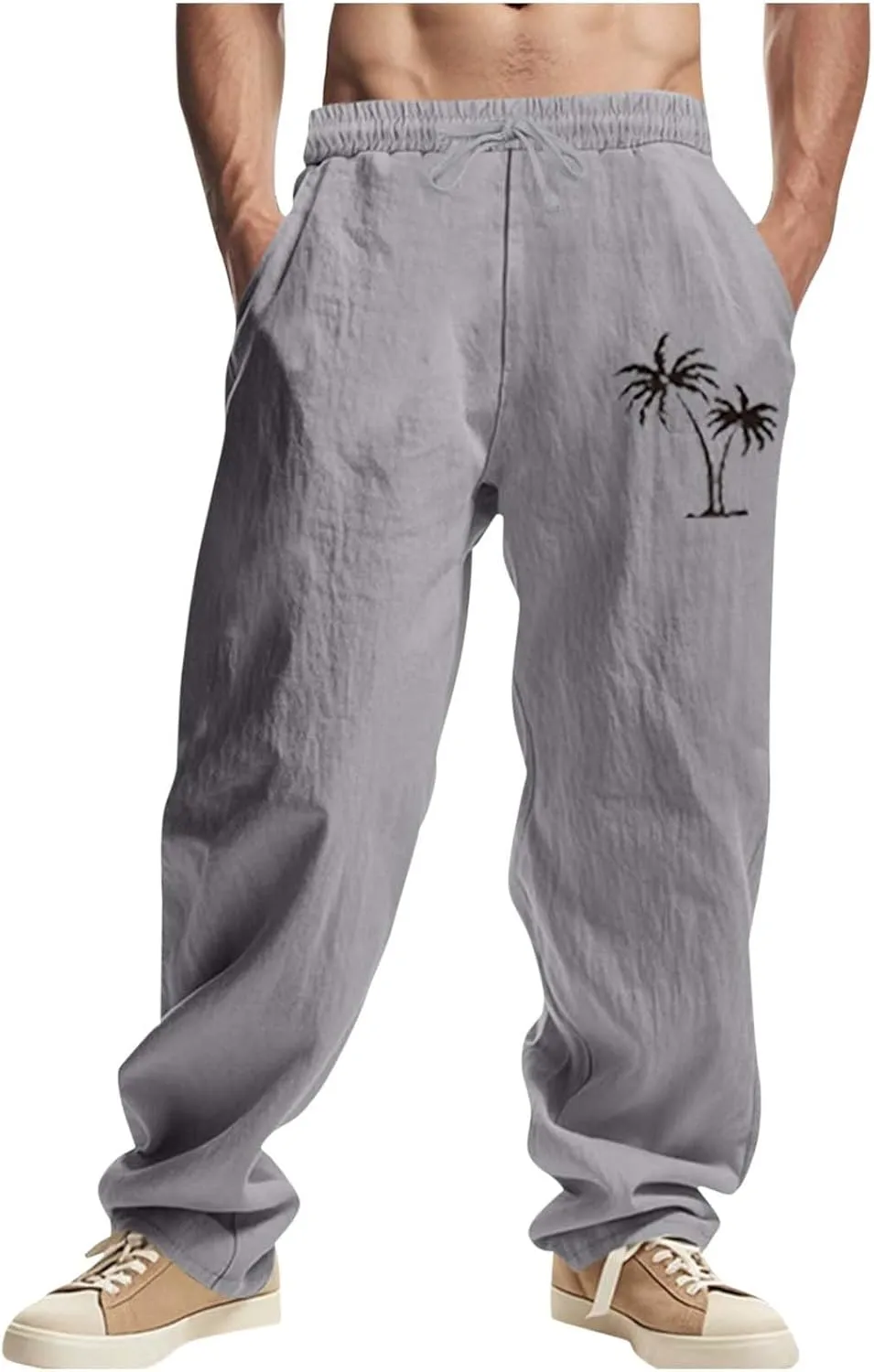 Xiaojmake Mens Cotton Linen Pants Elastic Waist Drawstring Straight Casual Yoga Pant Summer Loose Fit Hawaiian Beach Trouser