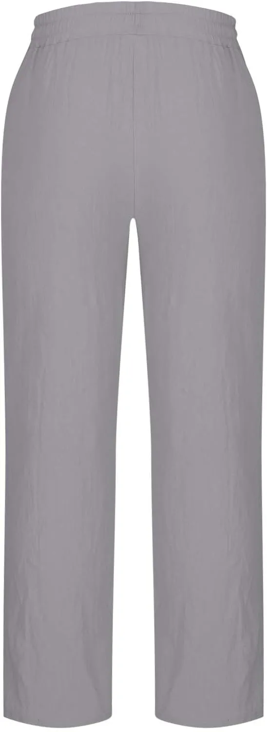 Xiaojmake Mens Cotton Linen Pants Elastic Waist Drawstring Straight Casual Yoga Pant Summer Loose Fit Hawaiian Beach Trouser