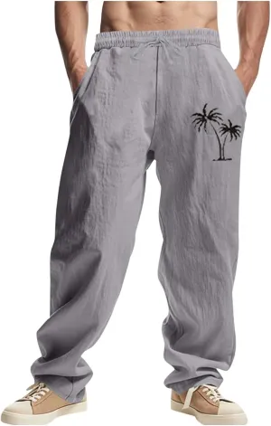 Xiaojmake Mens Cotton Linen Pants Elastic Waist Drawstring Straight Casual Yoga Pant Summer Loose Fit Hawaiian Beach Trouser