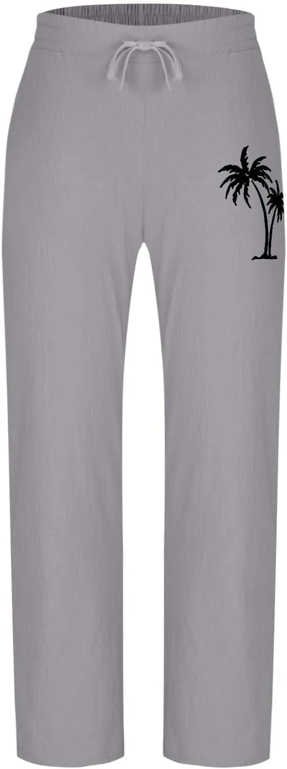 Xiaojmake Mens Cotton Linen Pants Elastic Waist Drawstring Straight Casual Yoga Pant Summer Loose Fit Hawaiian Beach Trouser