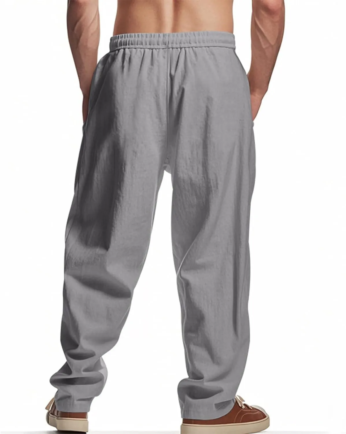 Xiaojmake Mens Cotton Linen Pants Elastic Waist Drawstring Straight Casual Yoga Pant Summer Loose Fit Hawaiian Beach Trouser
