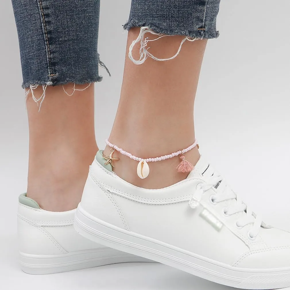 YAZILIND Bohemian Beads Chain Anklet Shell Starfish Shape Handmade Adjustable Beach Anklets Ladies Foot Jewelry