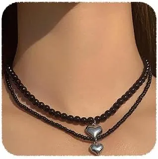 YERTTER Dainty Layered 2 Tier Black Pearl Chain Heart Charms Pendant Choker Necklace for Women