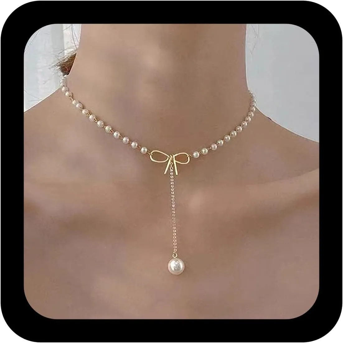 YienDoo Boho Pearl Y Necklace Gold Bow Pearl Necklace Choker Chain Tassel Pearl Pendant Rhinestone Necklace Sexy Pearl Charms Minimalist Pearl Necklace Jewellery for Women